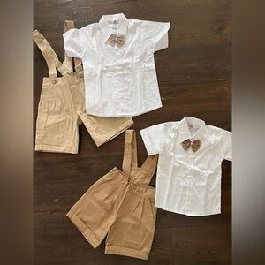 Kids White Shirt and Tan Suspender Shorts Set